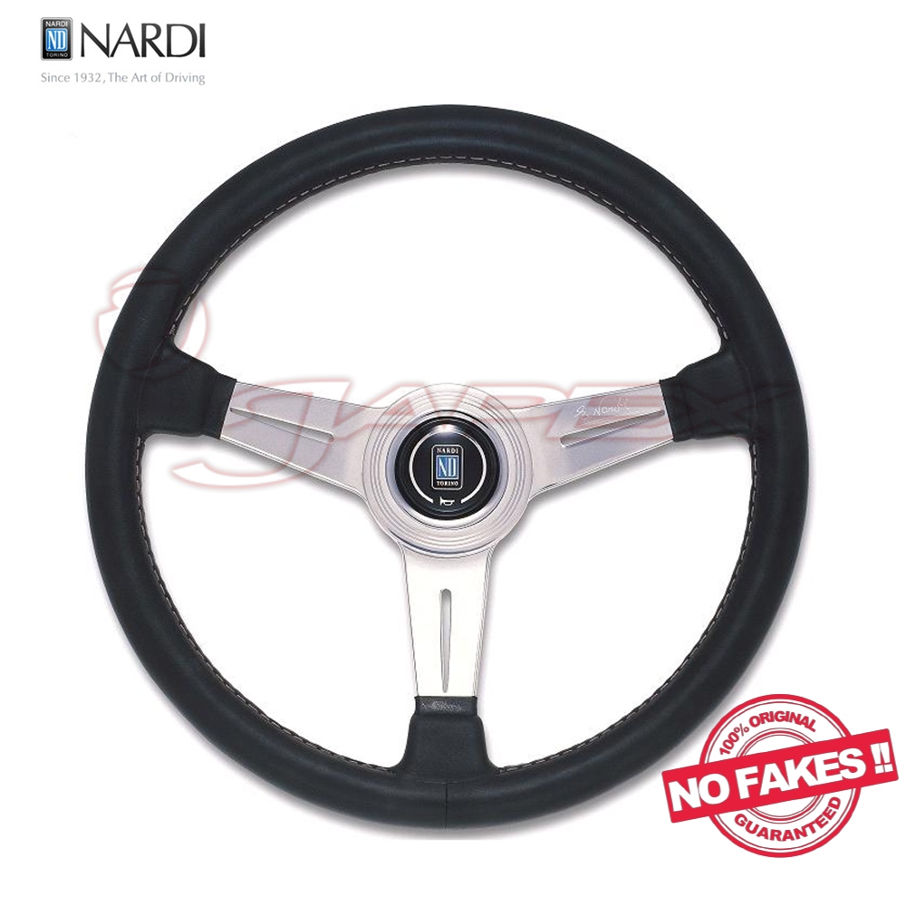 NARDI Classic Steering Wheel Black Leather/Polish Spoke & Grey Stitch